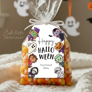 Halloween monsters gift tags, Happy Halloween printable candy bag gift tags, Happy Halloween labels editable template gift tag DIY, Custom gift labels for Halloween candy bags, Kids teacher school gift tags with witch ghost vampire and mummy, Cheap Halloween gift tags instant download, Halloween business company corporate gift tags, Halloween costume party thank you gift tags