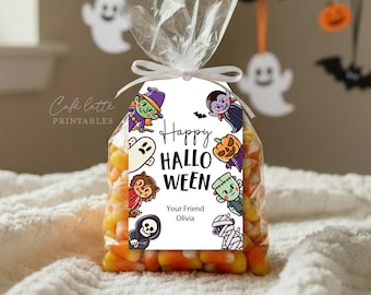 May include: A clear cellophane bag filled with candy corn, tied with a white ribbon. A white tag with the words "Happy Halloween" and cartoon characters like a witch, vampire, and mummy is attached. The tag also says "Your Friend Olivia."