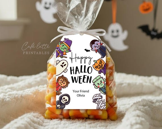 Halloween Monsters Gift Tags Printable, Custom Happy Halloween School Kids Candy Bag Gift Tags Labels Editable Template, Costume Party Tags