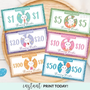 Bucks di coniglietto pasquale stampabili, banconote da un dollaro di denaro di coniglietto pasquale, riempitivo per uova di Pasqua Attività di Pasqua per bambini Buoni regalo di coniglio Download istantaneo fai da te