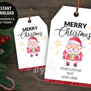 CHRISTMAS Printable Gift Tags, Editable Personalized Favor Tags Template with Santa Claus, Instant Download Labels for Kids School Teacher