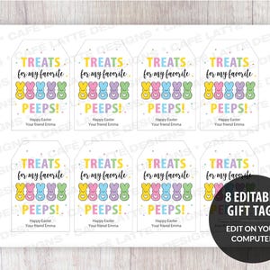 Easter gift tags, Easter printable gift tags, Happy Easter cute bunnies editable gift tag template DIY, Custom gift labels for Easter, Kids friends teacher school gift tags with Easter bunnies, Candy sweet treat bag gift tags for Easter DIY, Treats for my favorite peeps