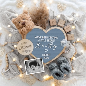 Annuncio di gravidanza digitale per rivelare il sesso del bambino, annuncio di nascita di un bambino digitale per i social media, modello modificabile, orso cuore blu