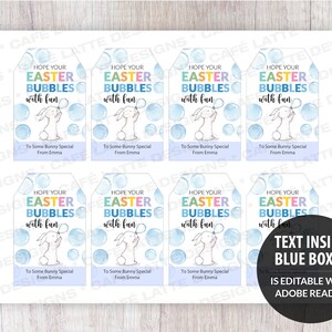 Easter gift tags, Easter printable gift tags, Hope your Easter bubbles with fun editable gift tag template DIY, Custom gift labels for Easter, Kids friends teacher school gift tags with Easter bunny, Bubble wand gift tags for Easter DIY