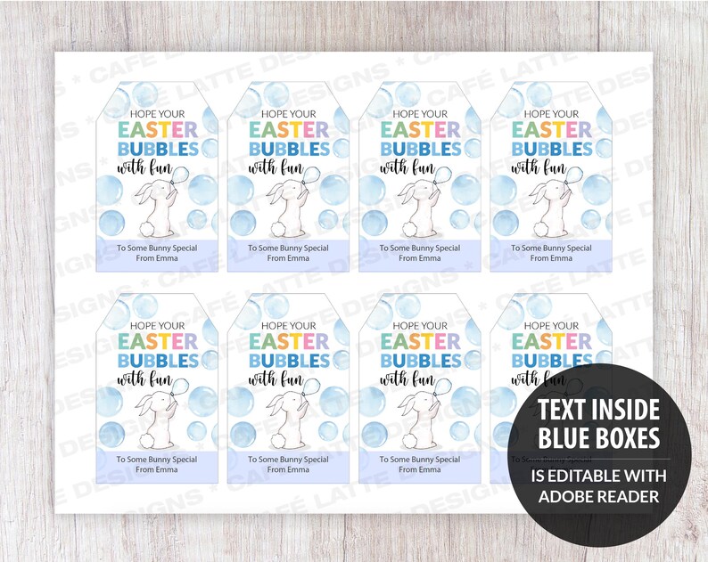 Easter gift tags, Easter printable gift tags, Hope your Easter bubbles with fun editable gift tag template DIY, Custom gift labels for Easter, Kids friends teacher school gift tags with Easter bunny, Bubble wand gift tags for Easter DIY