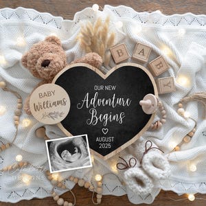 Annuncio di gravidanza Boho digitale, annuncio di nascita neutro digitale per i social media, modello modificabile per nuova avventura, cuore e orso