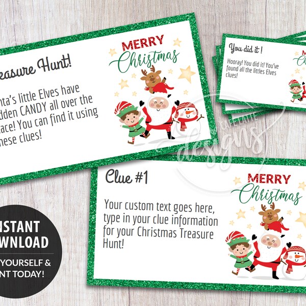 CHRISTMAS TREASURE Hunt Clues, Editable Scavenger Hunt Clue Cards, Printable Kids Treasure Hunt Coupons, Adult Games Instant Download DIY