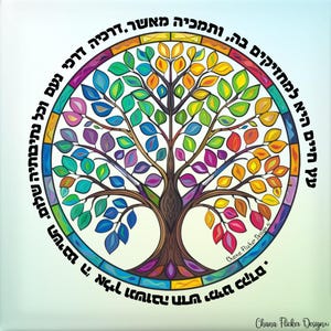 May include: Square canvas art featuring a colorful tree design. The tree's leaves are a rainbow of colors, and the trunk is brown. The artwork includes text in a circular pattern around the tree. The background is a gradient of light blue and white.