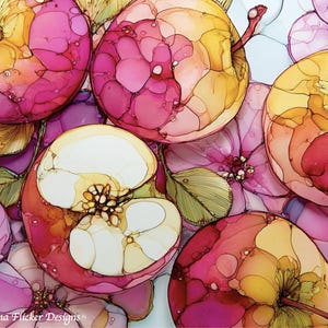 May include: A watercolour painting featuring apples and flowers in pink, yellow, and red hues. The apples are depicted whole and sliced, revealing seeds. The flowers are in full bloom. The artwork is signed "Chana Flicker Designs".