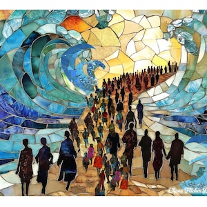 Può includere: Un'opera d'arte in mosaico di vetro che rappresenta un gruppo di persone che camminano attraverso un'onda. L'onda è fatta di pezzi di vetro blu, verde e giallo. Le persone sono in silhouette nera e camminano su un sentiero fatto di pezzi di vetro marrone e arancio. L'opera d'arte è intitolata "Chona Flicker Designs".