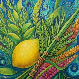 Puede incluir: Una pintura artística que presenta un limón amarillo brillante, rodeado de hojas verdes, trigo y bayas coloridas. El fondo es una vibrante mezcla de azules y verdes, con patrones arremolinados. La obra de arte tiene una apariencia texturizada y pintada.