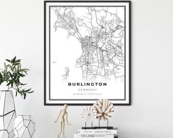 Wall Art Personalised Map Print Map Map Poster Custom Map Print Vermont Map Print Burlington Map Wall Art Burlington Map