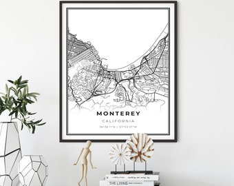 Monterey Map Print, California CA USA Map Art Poster, Carmel City Street Road Map Wall Decor,livingroom print, gift for a best friend, NM298