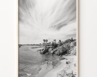 Impresión de Corona del Mar, arte mural en blanco y negro, póster de Newport Beach, fotografía de California, decoración costera, C19-385