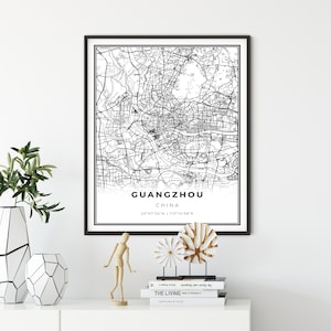 Guangzhou Map Print, China Map Art Poster, City street road map kunst aan de muur, cadeaus voor moeder, cadeau opa, NM774
