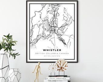 Whistler BC Map Print, British Columbia Canada Map Art Poster, City street road map wall art, office inspiration, NM804