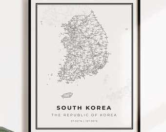 South Korea map poster print, country street road map wall art, country map, country gifts, C14-103