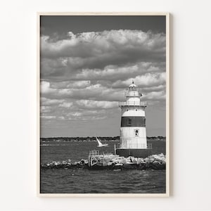 Rhode Island Lighthouse Print zwart-wit, Rhode Island Art Poster, Rhode Island kaartfoto, kustmuurdecor, C19-391