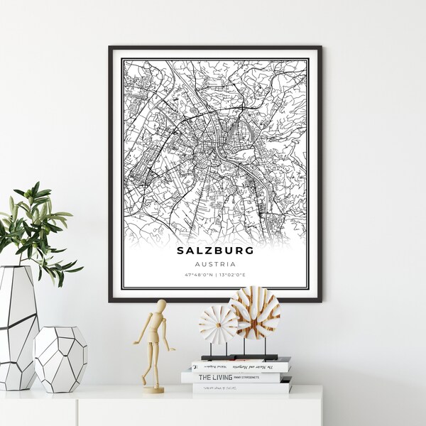 Salzburg Map Print, Austria, Map Art Poster, City street road map wall art, city map, gift for a friend, NM466