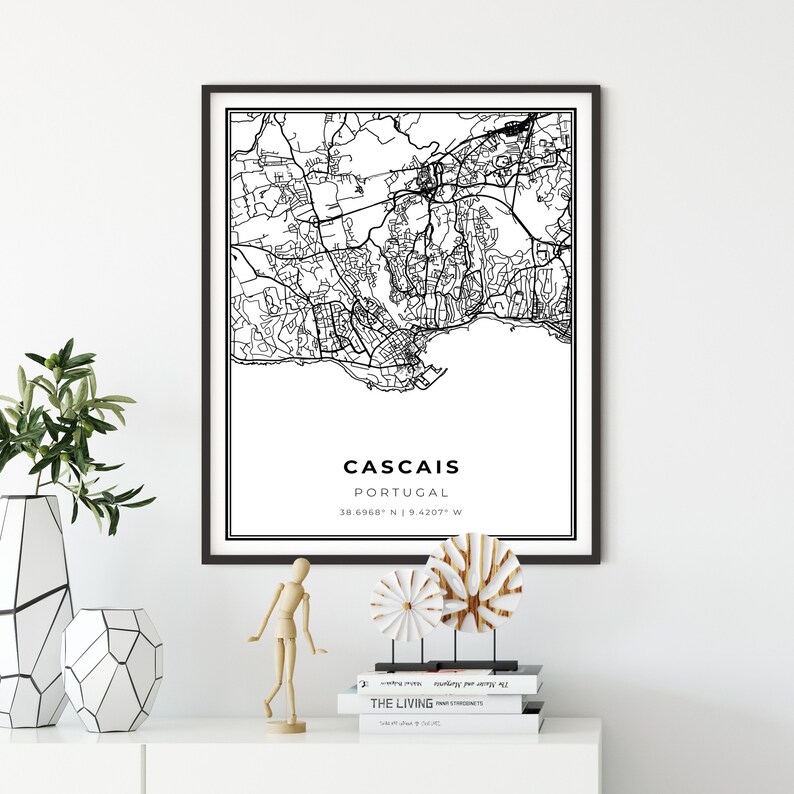 City street road map wall art Portugal Map Art Poster Cascais Map Print NM786 Lisbon Portuguese Riviera