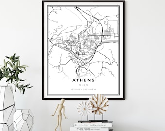 Athens Map Print, Ohio USA Map Art Poster, OH United States Street City Road Map Wall Decor,city map decor, gift college girl, NM271