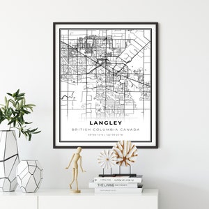 Langley Map Print, British Columbia BC Canada, City street road map kunst aan de muur, eetkamer ideeën, cadeau voor moeder, NM506