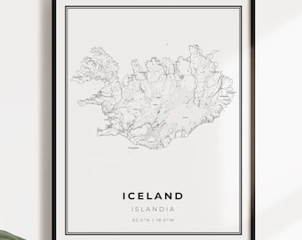 Iceland map poster print, country street road map wall art, country map, country gifts, C14-54