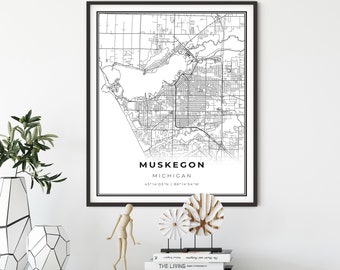 Muskegon Map Print, Michigan MI USA Map Art Poster, Lake Michigan City Street Road Map Wall Decor,map poster for wall, gift boyfriend, NM263