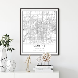 Lansing Map Print, Michigan MI USA Map Art Poster, Ingham County City Street Road Map Wall Decor, beste stadsplattegronden, cadeau voor een nieuw huis, NM54