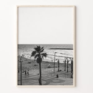 Tel Aviv strand print zwart-wit, Tel Aviv muurkunst, Israël poster, Tel Aviv foto decor, אביב ישראל, C19-324