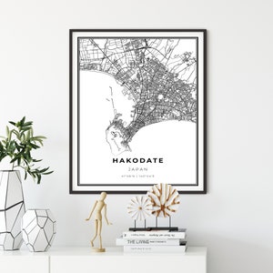 Hakodate kaart afdrukken, Hokkaido Japan kaart Art Poster, Hokkaido, stad straat wegenkaart kunst aan de muur, stadskaart decor, NM892