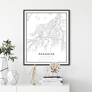 Paradise kaart print, California CA USA kaart art poster, Butte County City Street wegenkaart muur decor, kantoor prints, cadeau onder de 50, NM384