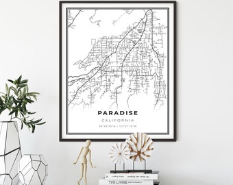 Impresión de mapa de Paradise, cartel artístico de mapa de California CA EE. UU., decoración de pared del mapa de carreteras de la ciudad del condado de Butte, impresiones de oficina, regalo para menores de 50 años, NM384