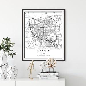 Denton Map Print, Texas TX USA Map Art Poster, City Road Street Map Wall Decor, kantoor kamer decor, cadeau voor journalist, NM76