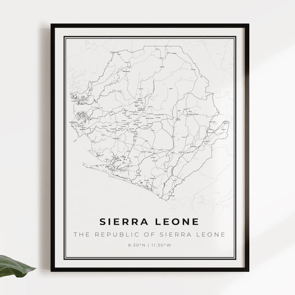 Sierra Leone map poster print, country street road map wall art, country map, country gifts, C14-110