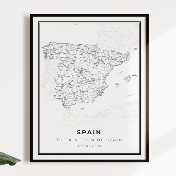 Spain map poster print, country street road map wall art, country map, country gifts, C14-117