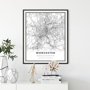 Worcester kaart print, Massachusetts MA USA kaart art poster, City Street wegenkaart muur decor, Nordic poster, cadeau college jongen, NM14