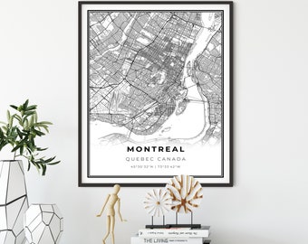 Impression de carte de Montréal, affiche d'art de carte de Québec QC Canada, art de mur de carte de ville, impressions de chambre à coucher, cadeau pour un couple, NM725