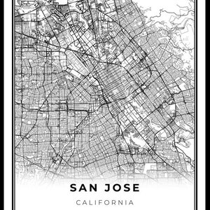 San Jose Map Print, California CA USA Map Art Poster, City Street Road ...