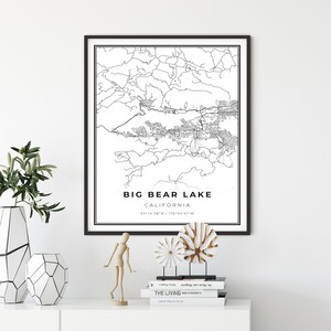 Big Bear Lake kaart print, Californië CA USA kaart art poster, City Street wegenkaart muur decor, Scandinavische kunst, cadeau-ideeën voor meisje, NM234