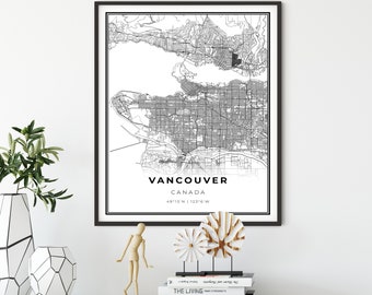 Vancouver BC Map Print, British Columbia Canada Map Art Poster, City street road map wall art, bedroom prints, NM620