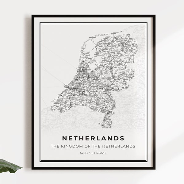 Netherlands map poster print, country street road map wall art, country map, country gifts, C14-89