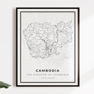 Cambodja kaart poster print, land straat wegenkaart kunst aan de muur, landkaart print, landkaart, C14-20