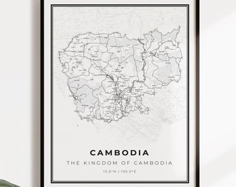 Cambodia map poster print, country street road map wall art, country map print, country map, C14-20