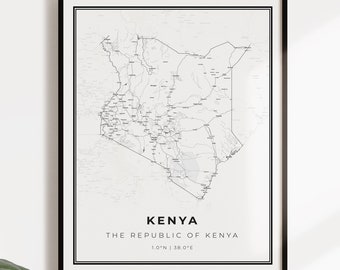 Kenya map poster print, country street road map wall art, country poster, country decor, C14-66