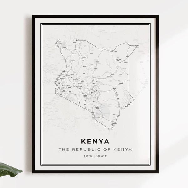 Kenya map poster print, country street road map wall art, country poster, country decor, C14-66