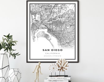 San Diego Map Print, California CA USA Map Art Poster, City Street Road Map Wall Decor,dining room wall art, gift girl, NM92