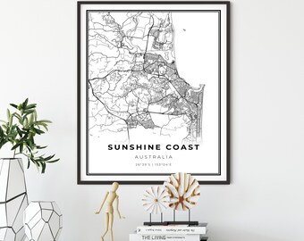 Sunshine Coast Map Print, Australia Map Art Poster, Queensland, City street road map wall art, hometown art, NM456