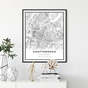 Chattanooga kaart print, Tennessee TN USA kaart art poster, City Street wegenkaart muur decor, kaart kunst aan de muur print, cadeau voor een stel, NM42