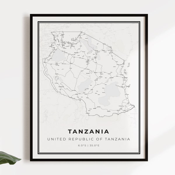 Tanzania map poster print, country street road map wall art, country map, country map print, C14-133